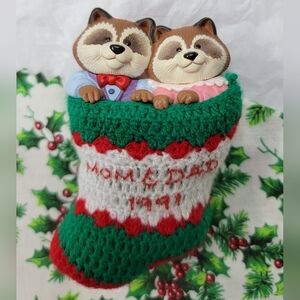 Hallmark Keepsake Mom & Dad Raccoon in Stocking 1991 Christmas Ornament